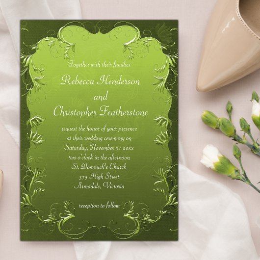 Elegante groene bloeit & scrolls klassieke bruilof kaart