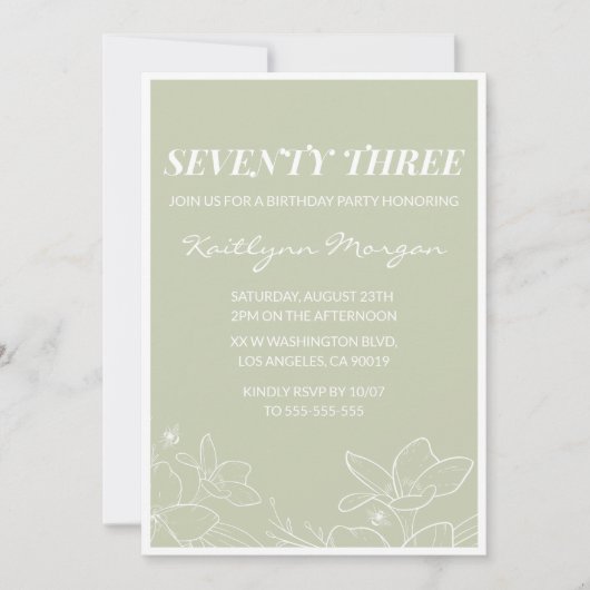 Elegante Groene Bloemen 73ste verjaardag uitnodigi Kaart (Voorkant)