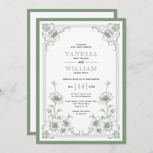 Elegante groene  bloemen lijst QR code bruiloft Kaart (Voorkant / Achterkant)