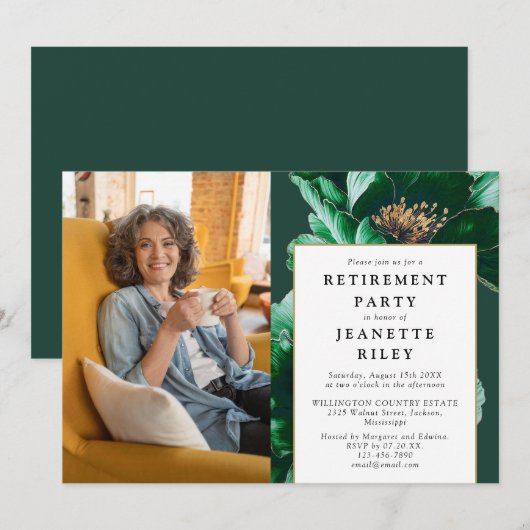 Elegante groene bloemen pensioneringsfeest foto kaart (Voorkant / Achterkant)