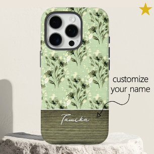 Elegante groene bloemige houtstructuur aangepaste iPhone 16 pro hoesje