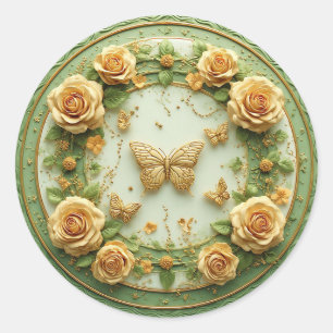 Elegante groene bloemrijke lijst met roze rozen ronde sticker