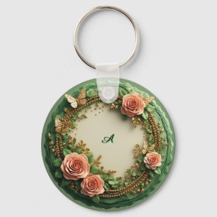 Elegante groene bloemrijke lijst met roze rozen sleutelhanger