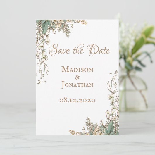 Elegante groene bloemrijke script bruiloft save the date (Staand voorkant)