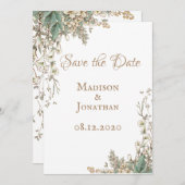 Elegante groene bloemrijke script bruiloft save the date (Voorkant / Achterkant)