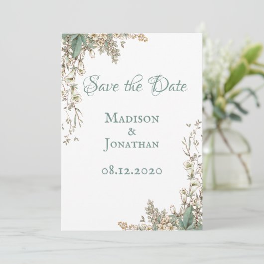 Elegante groene bloemrijke scriptuur bruiloft save the date (Staand voorkant)