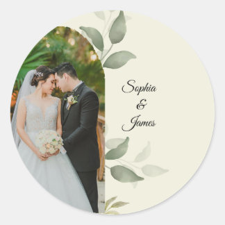 Elegante groene boog-huwelijksfotosticker ronde sticker