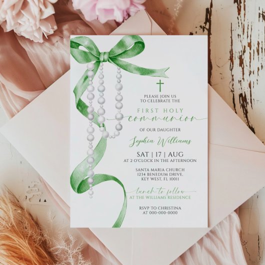 Elegante Groene Boog & Rozenkrans Eerste Heilige C Kaart