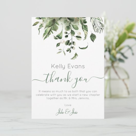 Elegante groene botanische bruiloft bedankt (Staand voorkant)