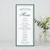 Elegante groene botanische kam monogram bruiloft menu (Staand voorkant)