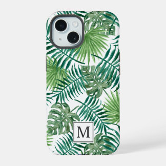 Elegante Groene Botanische Pal Bladeren Monogram iPhone 15 Hoesje