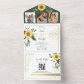 Elegante groene botanische zonnebloemen bruiloft all in one uitnodiging (Binnen)