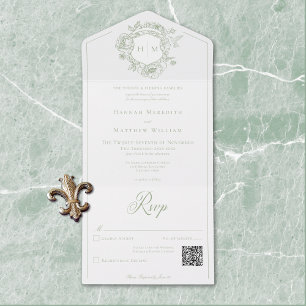 Elegante groene Chinoiserie Bird Crest Wedding QR All In One Uitnodiging