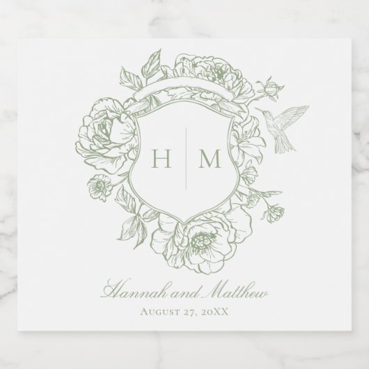 Elegante groene Chinoiserie Bird Crest Wedding Sparkling Wijnetiket (Enkel label)