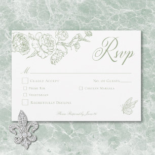 Elegante groene chinoiserie vogel en familiewapen  RSVP kaartje