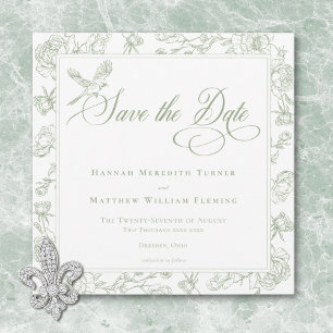 Elegante groene chinoiserie vogel en familiewapen save the date
