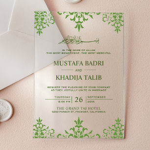 Elegante Groene Damast Islamitische Bruiloft Acryl Uitnodigingen