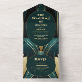 Elegante Groene en Gouden Art Deco Bruiloft All In One Uitnodiging (Binnen)