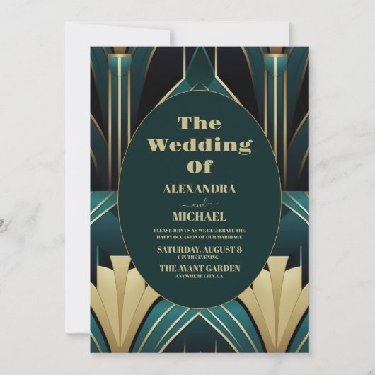 Elegante Groene en Gouden Art Deco Bruiloft Kaart (Voorkant)