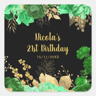 Elegante groene en gouden bloemen verjaardagsfeest vierkante sticker