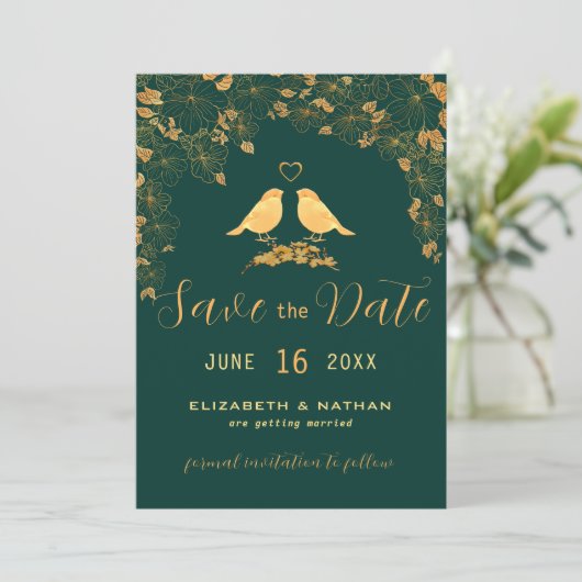 Elegante groene en gouden bloemenvogels Aangepaste Save The Date (Staand voorkant)
