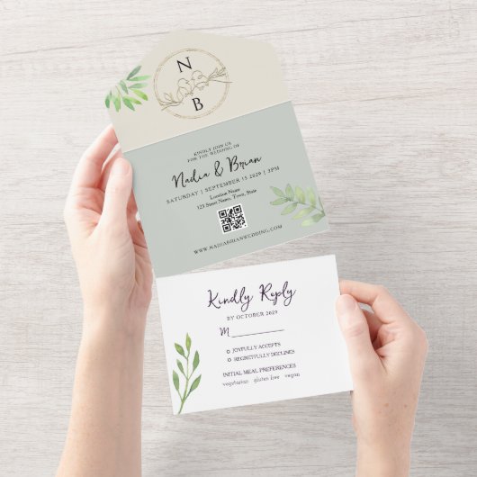 Elegante Groene en Gouden Huwelijk All In One Uitnodiging (Afscheurbaar)