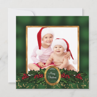 Elegante groene en gouden kerstkaarten met hulst e feestdagenkaart