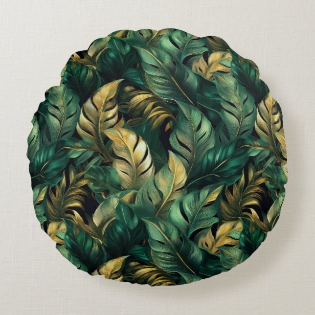 Elegante groene en gouden Monstera bladeren Rond Kussen (Voorkant)