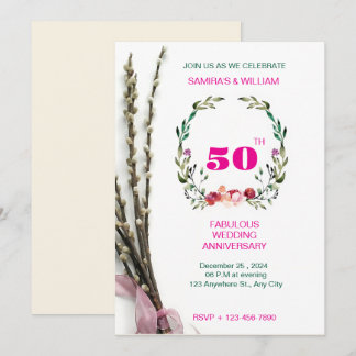 Elegante groene en roze bloemen 50e Jubileum Kaart