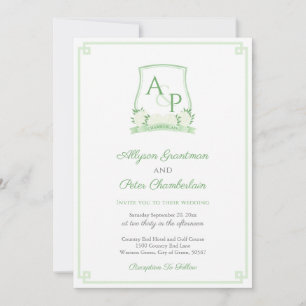 Elegante Groene en Witte Botanische Crest Bruiloft Kaart