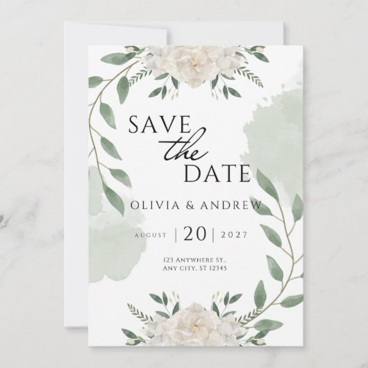 Elegante Groene en Witte Waterverf sparen de Datum Kaart (Voorkant)
