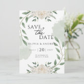 Elegante Groene en Witte Waterverf sparen de Datum Kaart (Staand voorkant)