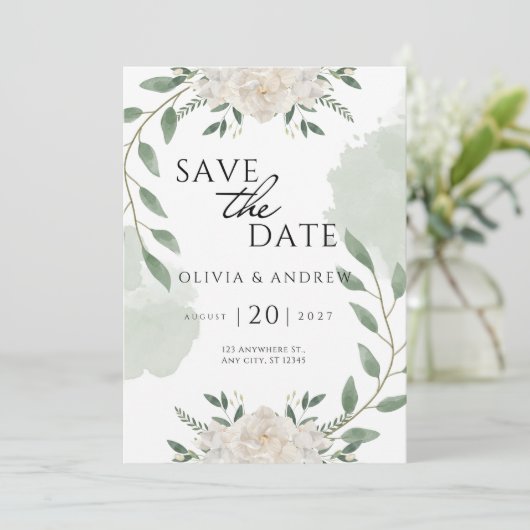 Elegante Groene en Witte Waterverf sparen de Datum Kaart (Staand voorkant)