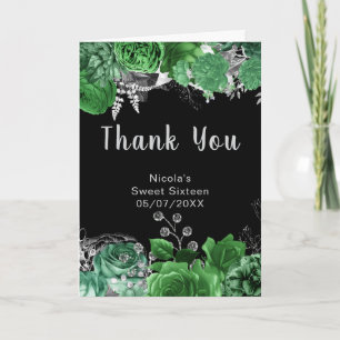 Elegante groene en zilveren bloemen Sweet Sixteen Bedankkaart