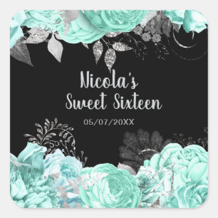 Elegante groene en zilveren bloemen Sweet Sixteen Vierkante Sticker