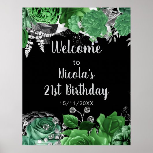 Elegante groene en zilveren bloemen verjaardagsfee poster (Voorkant)