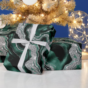 Elegante groene en zilveren glittersaga-verjaardag cadeaupapier
