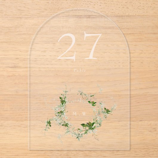 Elegante Groene Eucalyptus Krans Boog Tafelnummer Acryl Uitnodigingen (Voorkant)