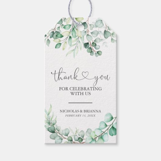 Elegante groene eucalyptus-monogram-huwelijk cadeaulabel (Voorkant)