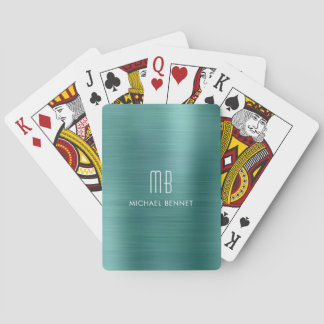Elegante Groene Geborstelde Metalen Monogramnaam Pokerkaarten