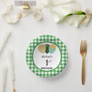 Elegante groene gingham & ballonnen 1e verjaardag papieren kommen