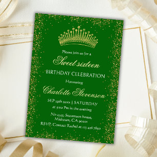 Elegante Groene Glitter Gouden Kroon Sweet 16 Verj Kaart