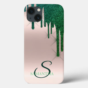 Elegante groene glitterslierten roosgoud iPhone 13 hoesje