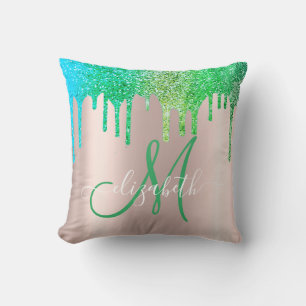 Elegante groene glitterslierten rozegoud monogram kussen
