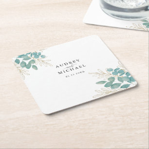 Elegante groene gouden blad gepersonaliseerde brui vierkante kartonnen onderzetter