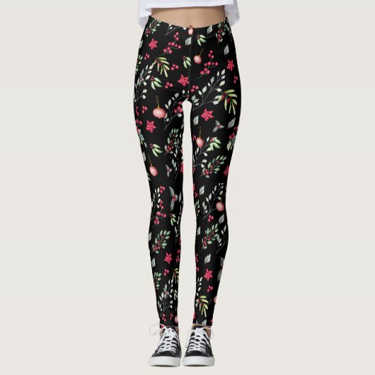 Elegante groene gouden bladeren en rode Holly bess Leggings (Voorkant)