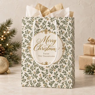 Elegante groene gouden bladpersonalatie medium cadeauzakje