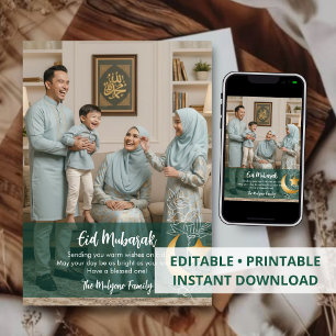 Elegante groene & gouden bloemfoto Eid Mubarak kaa Feestdagenkaart