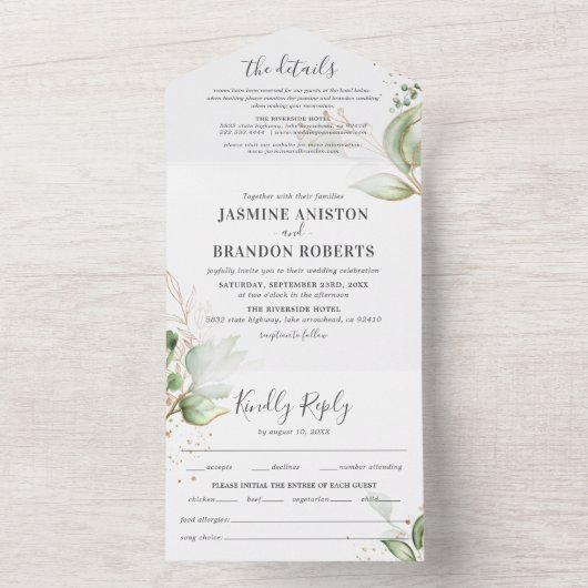 Elegante groene & gouden bruiloft all in one uitnodiging (Binnen)