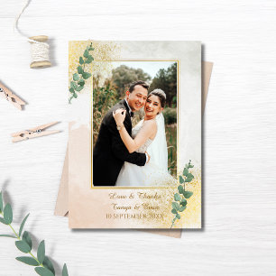 Elegante groene & gouden foto bruiloft bedankkaart